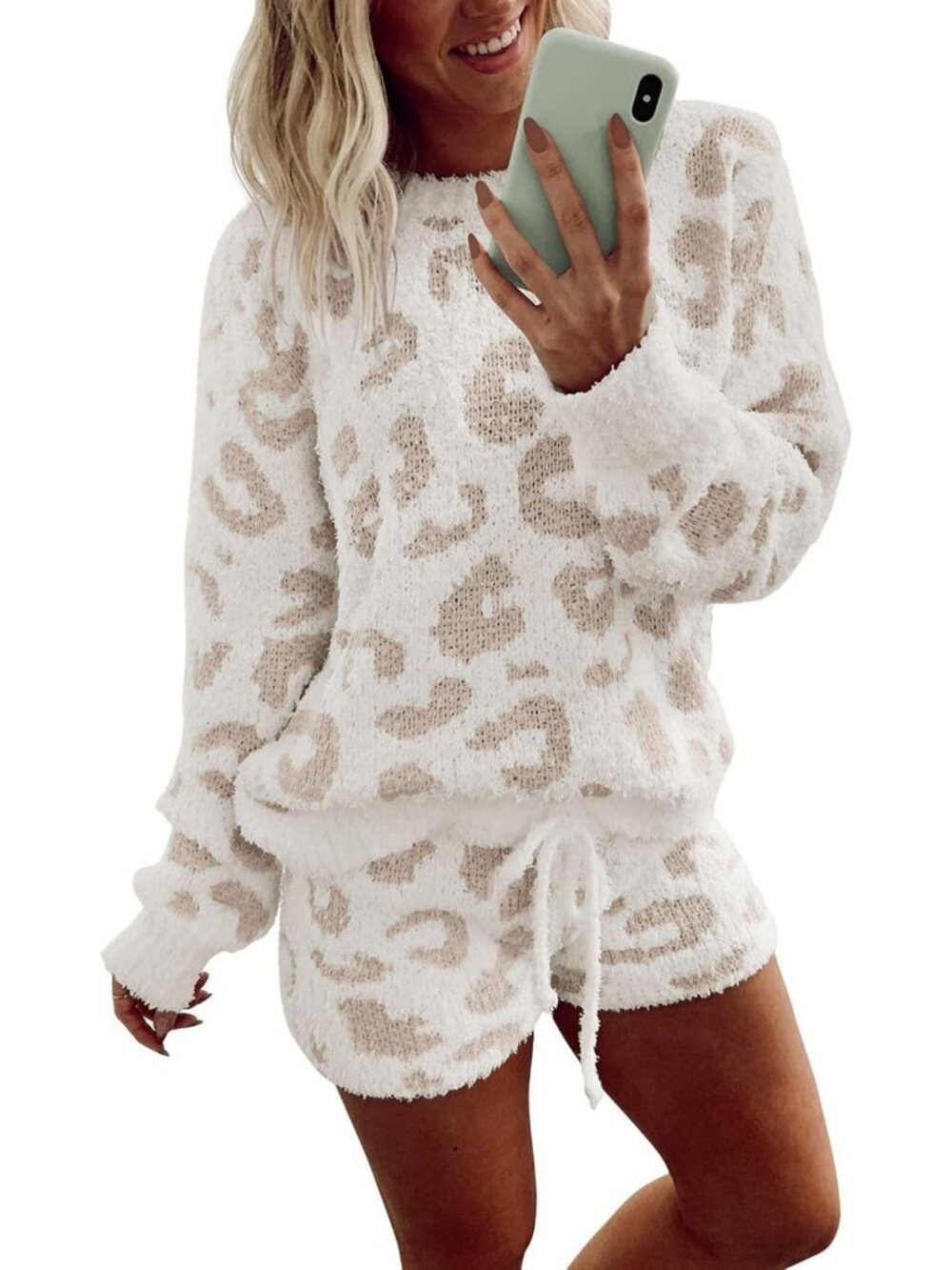 Cozy Fuzzy Fleece Pajama Set | Warm Soft Lounge Wear | Long Sleeve Top & Shorts